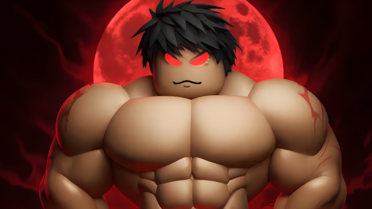 Gym-League-Roblox-Thumbnail: durchtrainierter Bodybuilder vor einem roten Mond