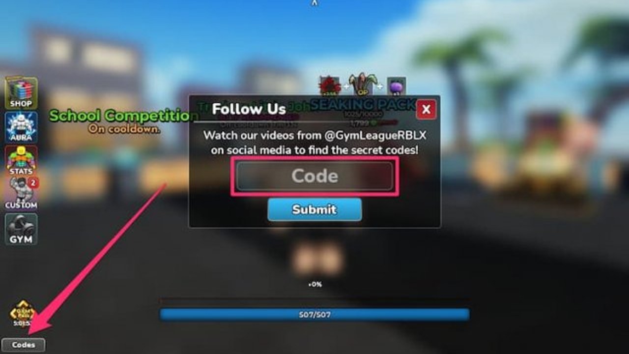 Gym-League-Codes-Menü im Beach Gym mit Codes-Button und Submit-Feld